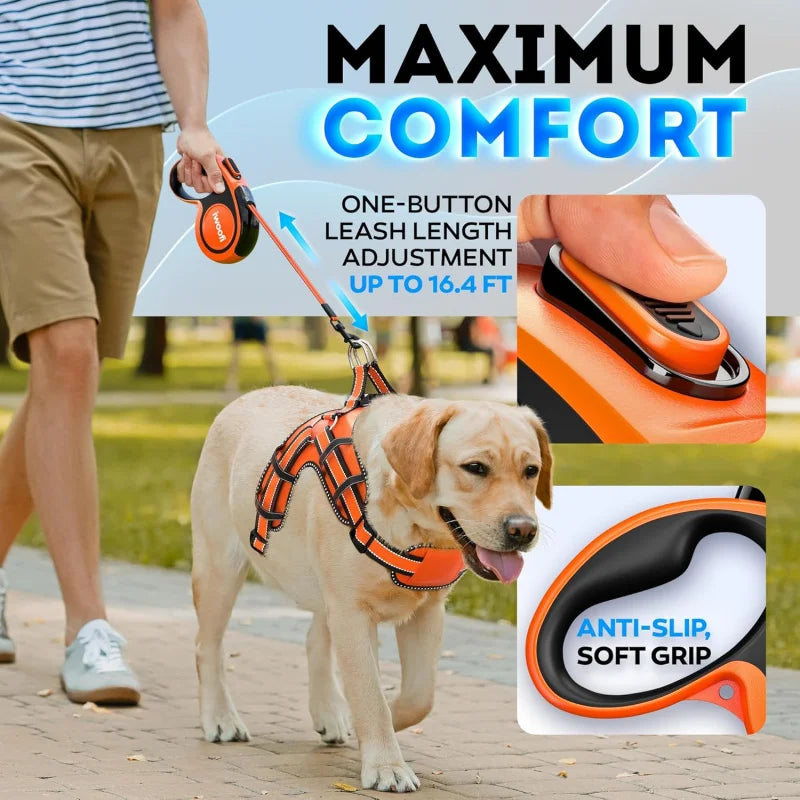 Retractable Dog Leash with Anti-Slip Soft Grip - 16, ft' Heavy Duty Reflective Nylon Tape Lead Pets up to 110 lbs - Long Dog