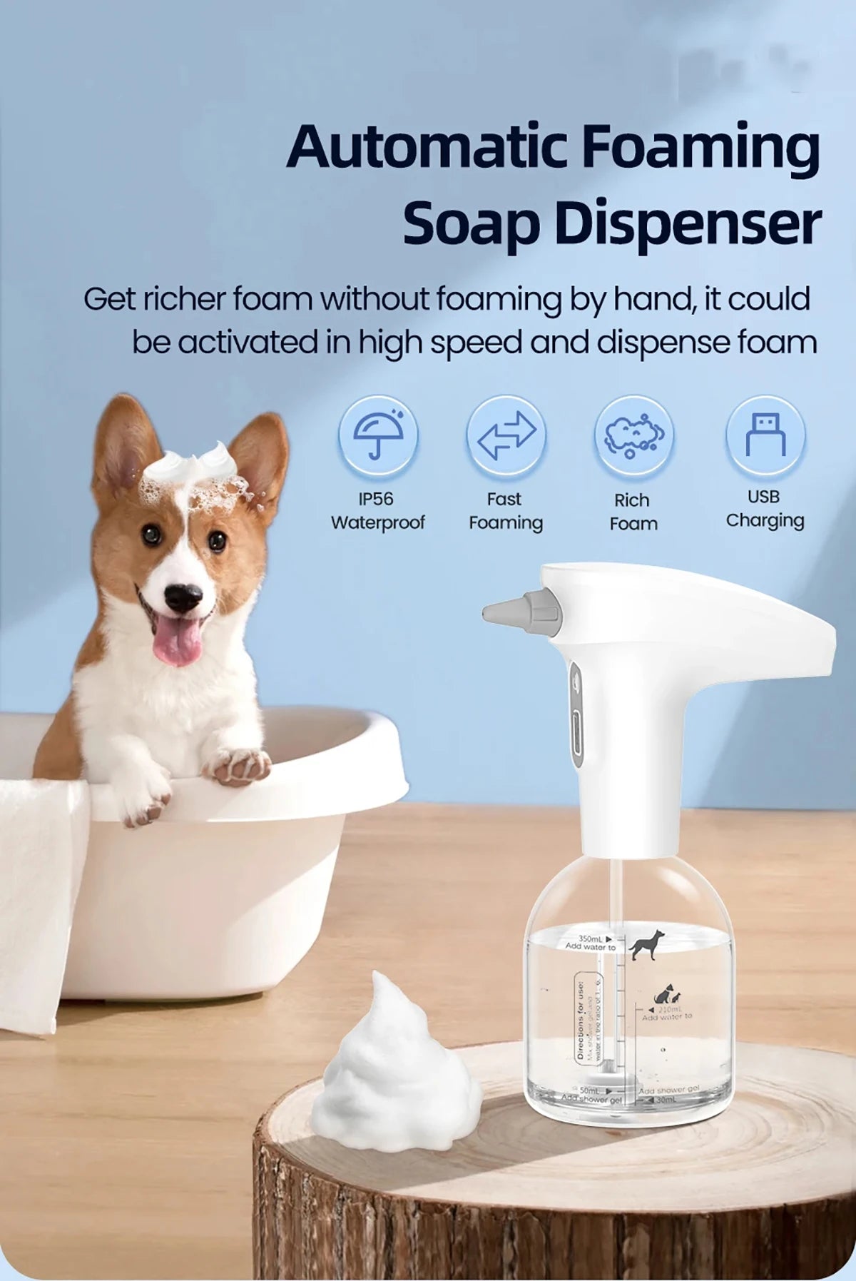 Cat Automatic Foam Soap Dispenser Cordless Pet Bath Cleaning Electric Dog Shampoo Foam Machine Pet Sprayer Supplies